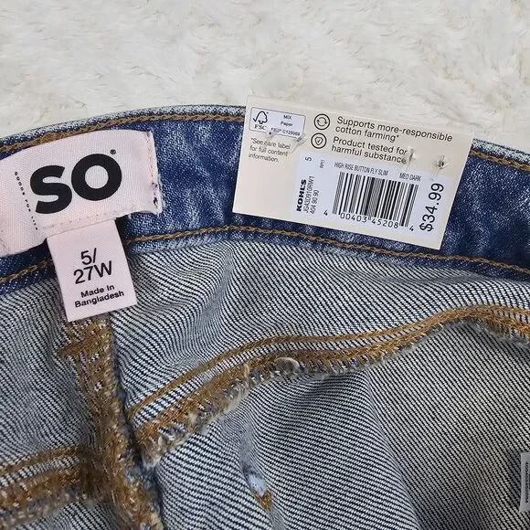 SO High Rise Slim Straight Jeans Medium Wash Women's Size 5 - Picture 7 of 16